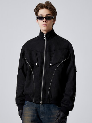 EROCD 23SS拉链造型麂皮绒黑色夹克