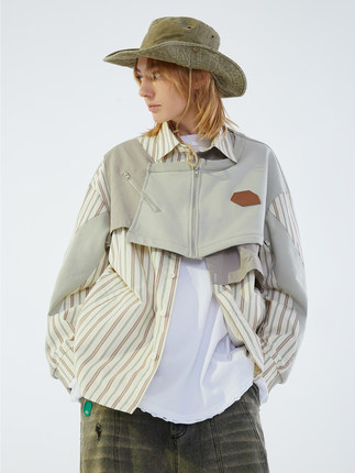 【王一博 吴泽林同款】ERROR CODE条纹假两件衬衫男休闲拼接衬衣