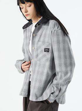 ERRORCODErobot灰白色黑领修饰基础格纹衬衫休闲长袖