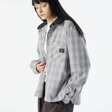 ERRORCODErobot灰白色黑领修饰基础格纹衬衫休闲长袖