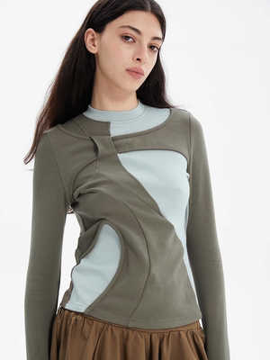 女士撞色不对称设计女士小众长袖