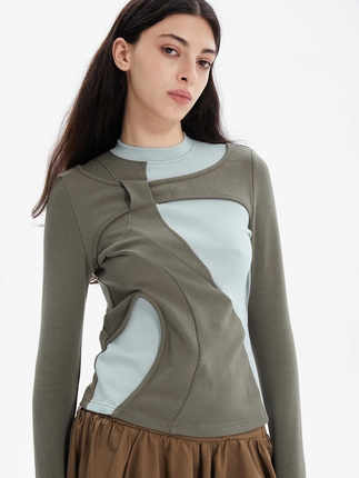 ERRORCODErobot不对称撞色搭片设计女士打底衫上衣小众长袖