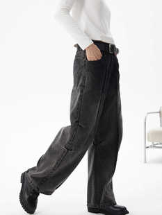 ERRORCODErobot流线筋条拼接水洗黑灰色牛仔裤 基础男女同款