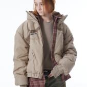 ERRORCODErobot美式 红格纹衬衫 假两件卡其色羽绒服开衩设计保暖