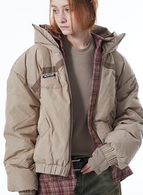 ERRORCODErobot美式红格纹衬衫假两件卡其色羽绒服开衩设计保暖