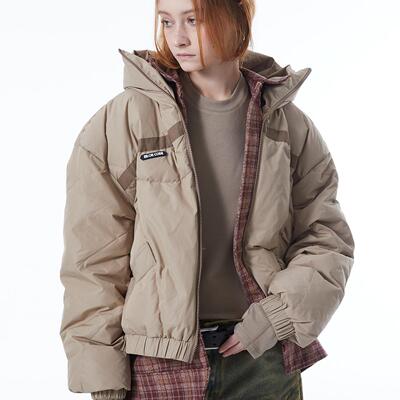 ERRORCODErobot美式红格纹衬衫假两件卡其色羽绒服开衩设计保暖