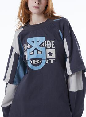 ERRORCODErobot字母图腾印花拼接长短袖假两件T恤街头宽松落肩