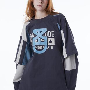 ERRORCODErobot字母图腾印花拼接长短袖假两件T恤街头宽松落肩