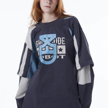 ERRORCODErobot字母图腾印花拼接长短袖假两件T恤街头宽松落肩