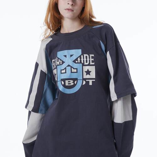 字母图腾拼色印花假两件