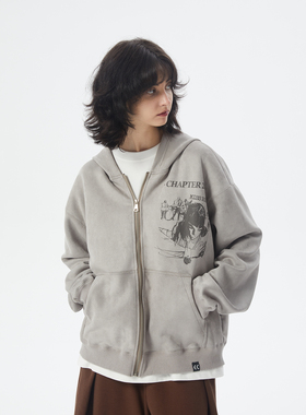 ERRORCODErobot侦探故事线条印花麂皮绒开衫连帽卫衣宽松