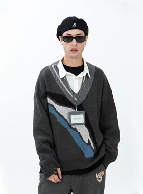 【清仓款】ERROR CODE 秋季V领毛衣男士假两件学院风宽松针织衫
