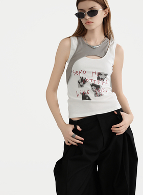 ERRORCODErobot法式螺纹弹性手绘字体噪点照片印花背心吊带女上衣