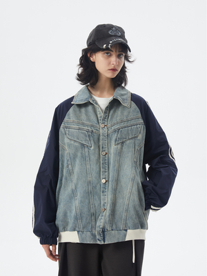 秋季宽松牛仔运动服拼接夹克