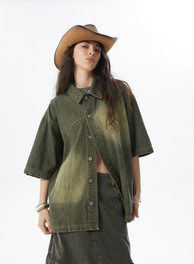 【清仓款】ERRORCODErobot海鸥线铆钉工装衬衫苔藓绿水洗牛仔复古