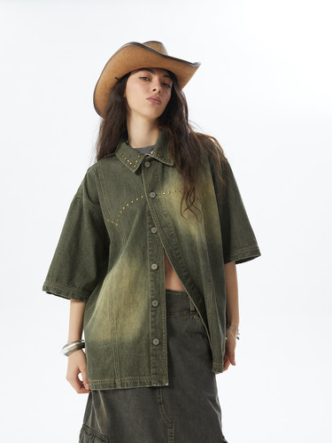 翻领短袖潮流铆钉线衬衫