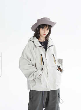 ERRORCODErobot象牙白机能风连帽外套冲锋衣特氟龙宽松多口袋夹克