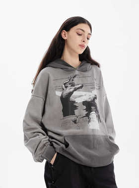 ERRORCODErobot胶片姿态印花渐变灰卫衣长袖套头连帽休闲宽松落肩