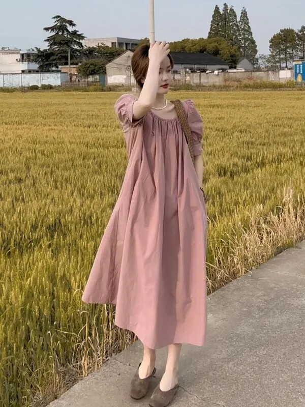 气质雪纺连衣裙女夏季高级感宽松显瘦短袖遮肉慵懒风长款过膝裙子