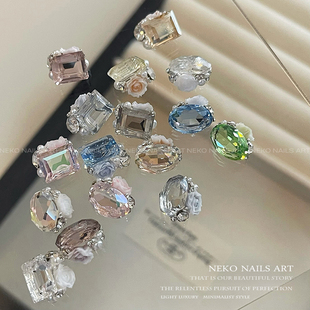 NEKO NK「玫瑰堆钻」透底水晶冰糖山茶花 宝石珍珠树脂成品美甲钻