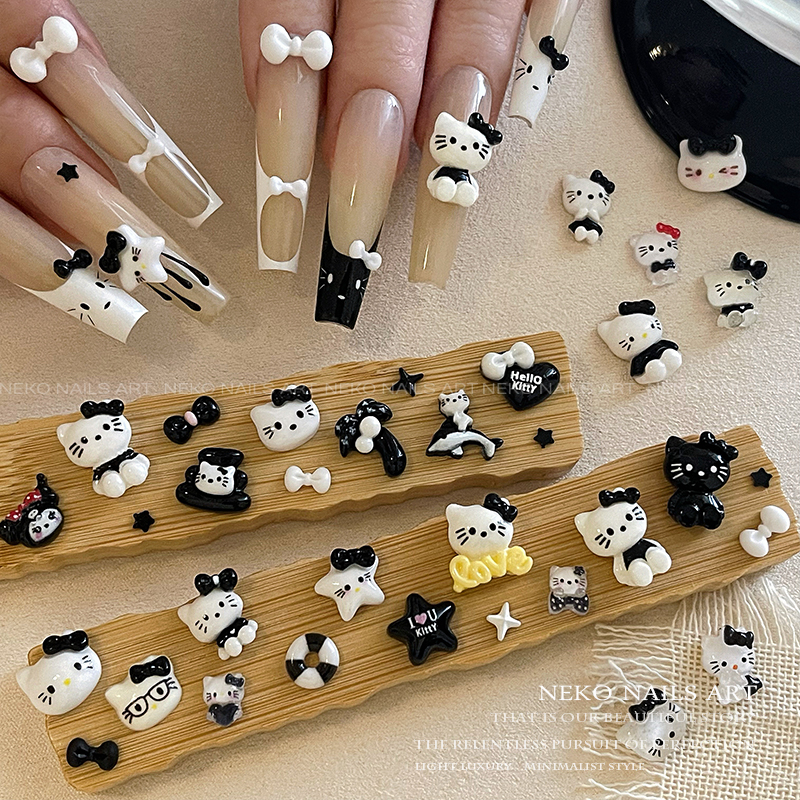 NEKONK黑白Kitty猫卡通美甲饰品