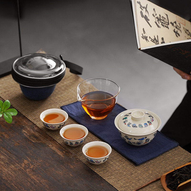 便携收纳旅行茶具套装大号玻璃公杯复古草木灰盖碗功夫茶具茶杯子