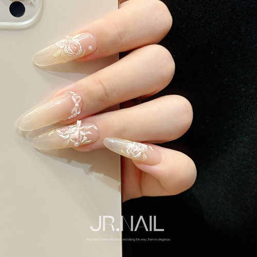 【油画少女】纯手工穿戴甲裸色花卉立体蝴蝶结冰透2025夏日新款