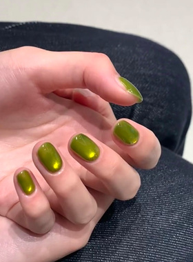 【竹金】纯手工穿戴甲短款玻璃绿色金色猫眼软甲爆闪温柔日常百搭