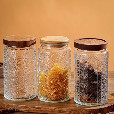 大容量浮雕玻璃复古海棠花储物罐