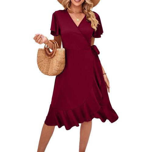Solid Vneck lace up irregular dress 纯色V领系带不规则连衣裙