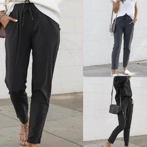 Solid drawstring high waisted pencil pants纯色抽绳高腰铅笔裤