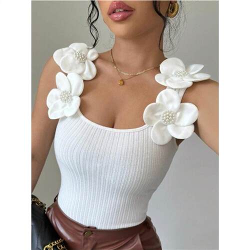 Sexy Knit Strap Tank Top Vest欧美时尚修身立体花朵吊带背心女