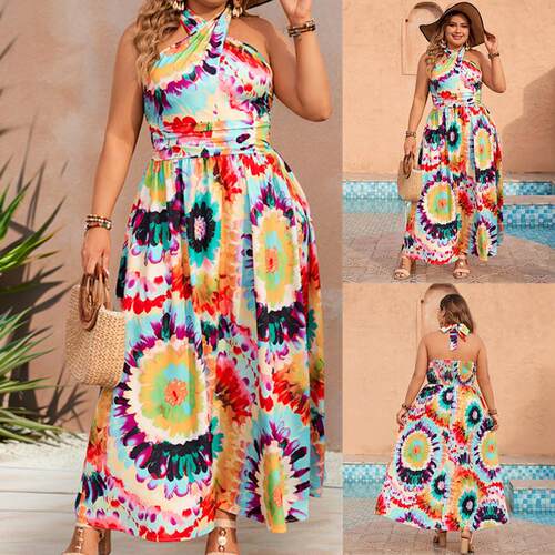 Plus size women print halter sleeveless dress大码女装连衣裙