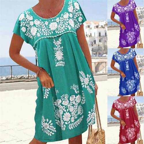 Round neck raglan short sleeved dress 印花圆领连肩短袖连衣裙