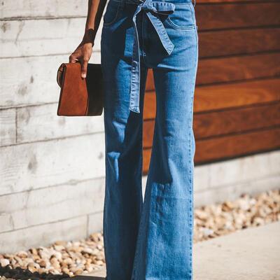 Lace up high waisted slim flared pants牛仔系带高腰修身喇叭裤