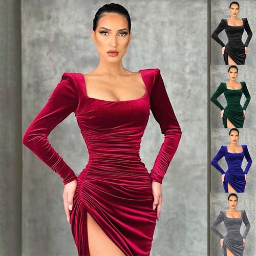 Solid color square neck long sleeved dress纯色方领长袖连衣裙