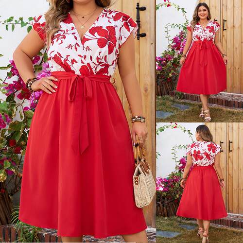 Plus size women Vneck printed dress大码女装印花拼接连衣裙