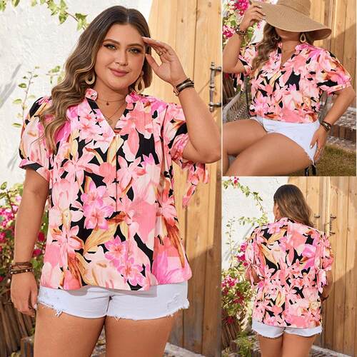 Plus size summer women tops fat lady Print Shirts短袖V领衬衫