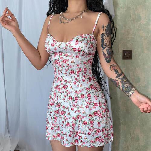 Floral Collarless Sleeveless Strap Dress碎花性感无袖连衣短裙
