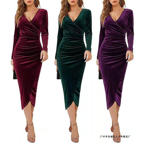 Vneck hip irregular color sexy retro midlength dress连衣裙