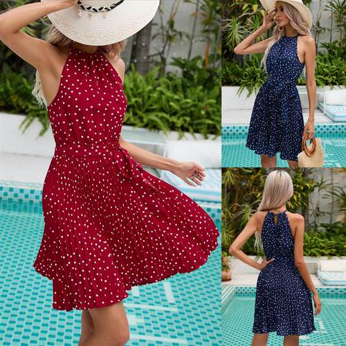 Bo Dian Hang Neck Elastic Waist Dress 波点挂脖松紧腰连衣裙女