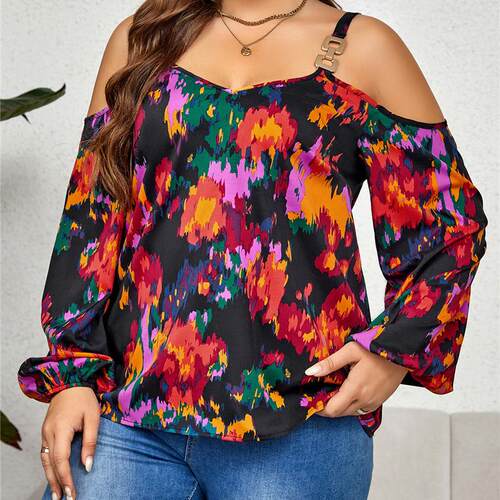 Plus size womens fashion doodle print blouses 大码长袖上衣