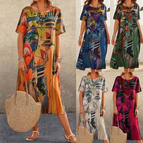 Printed round neck short sleeved dress印花圆领短袖束腰连衣裙