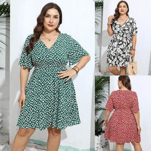 2024Plus size summer women dresses big size lady Print dress
