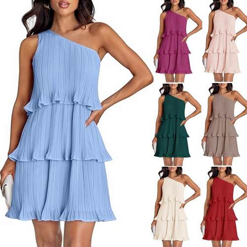 Sleeveless dress with sloping shoulders and hem 斜肩无袖女裙