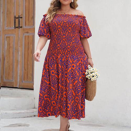 夏季印花一字肩显瘦大码连衣裙 plus size summer floral dresses