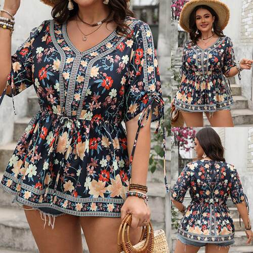Plus size Vneck print shirt women top 大码印花V领上衣衬衫女