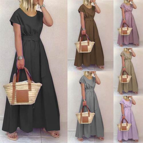 Solid round neck elastic waist dress纯色圆领松紧腰连衣长裙女