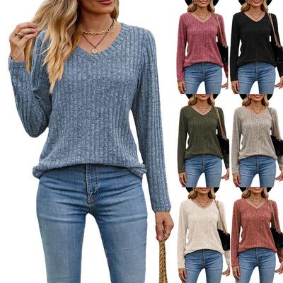 New autumn womens Vneck solid color long sleeve  纯色T恤女
