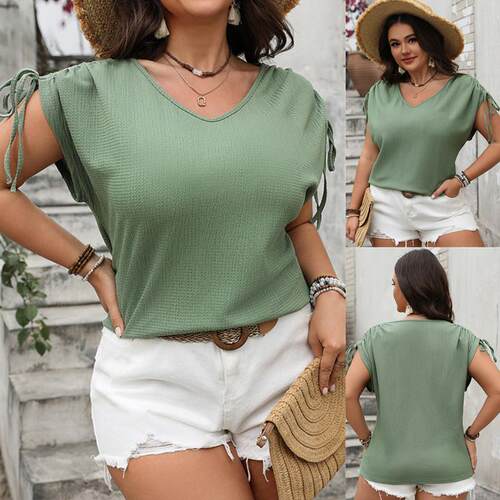 Plus size Vneck loose women top lady T shirt 大码V领短袖T恤